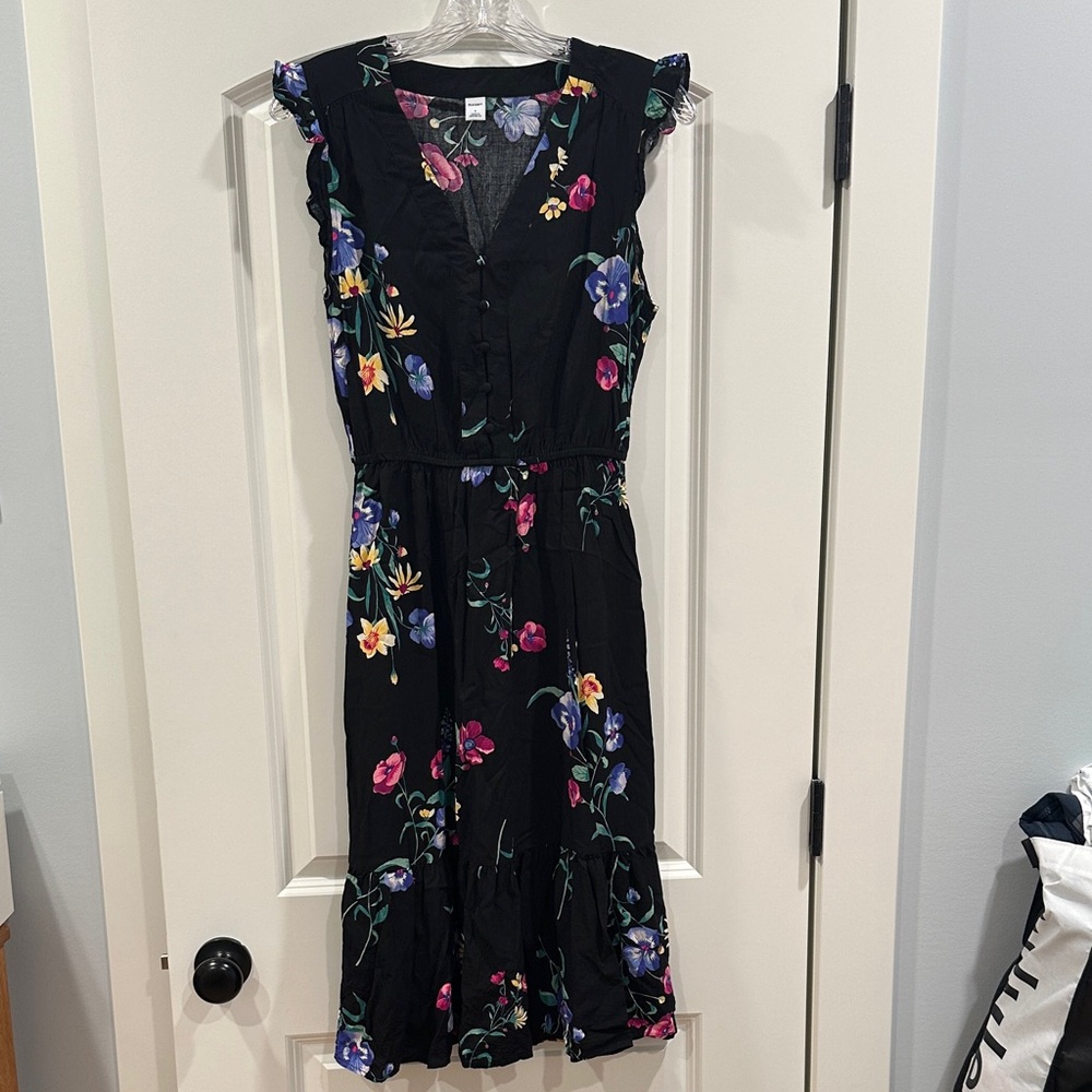 Old Navy Black Floral Midi Dress with button and ruffle details